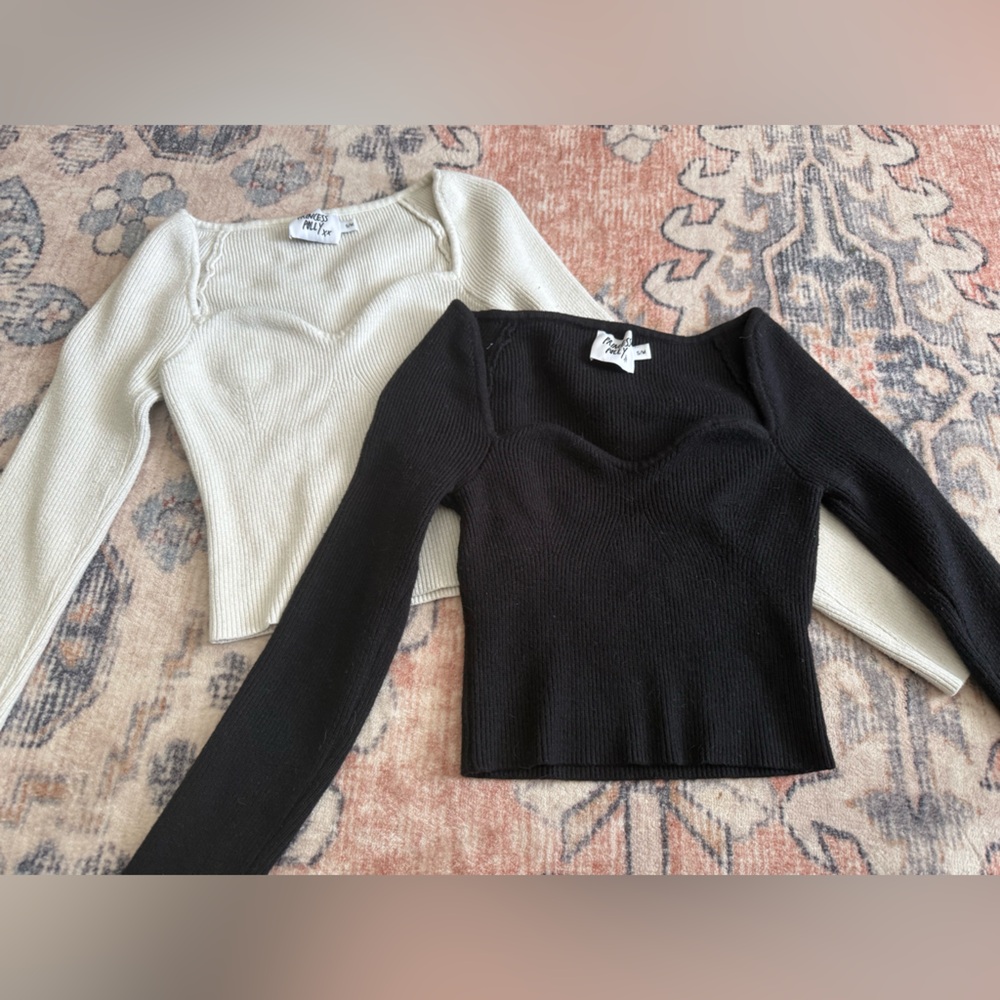 2 Princess Polly Ribbed Heart Neck Shirts/Sweaters - Black & White/Cream